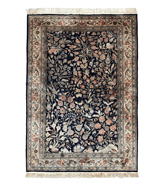Silk Rug 4x6, Black and Cream, Floral & Bird Pictorials, Fine 330 KPSI, Sino Persian Rug