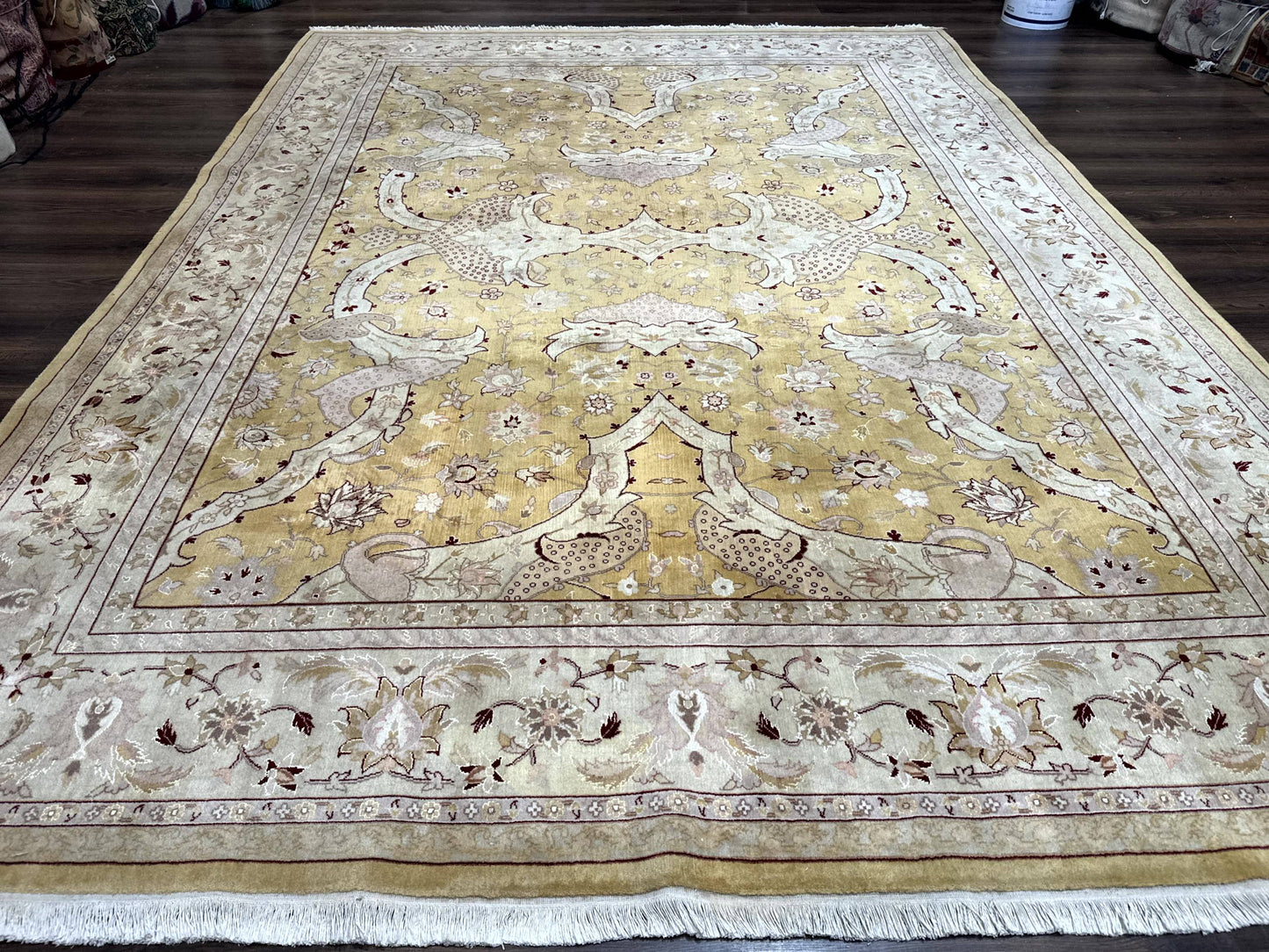 Sino Persian Rug 8x11, Wool with Silk Highlights, Unique Colors, Gold and Light Green, Fine 240 KPSI - Nuvé
