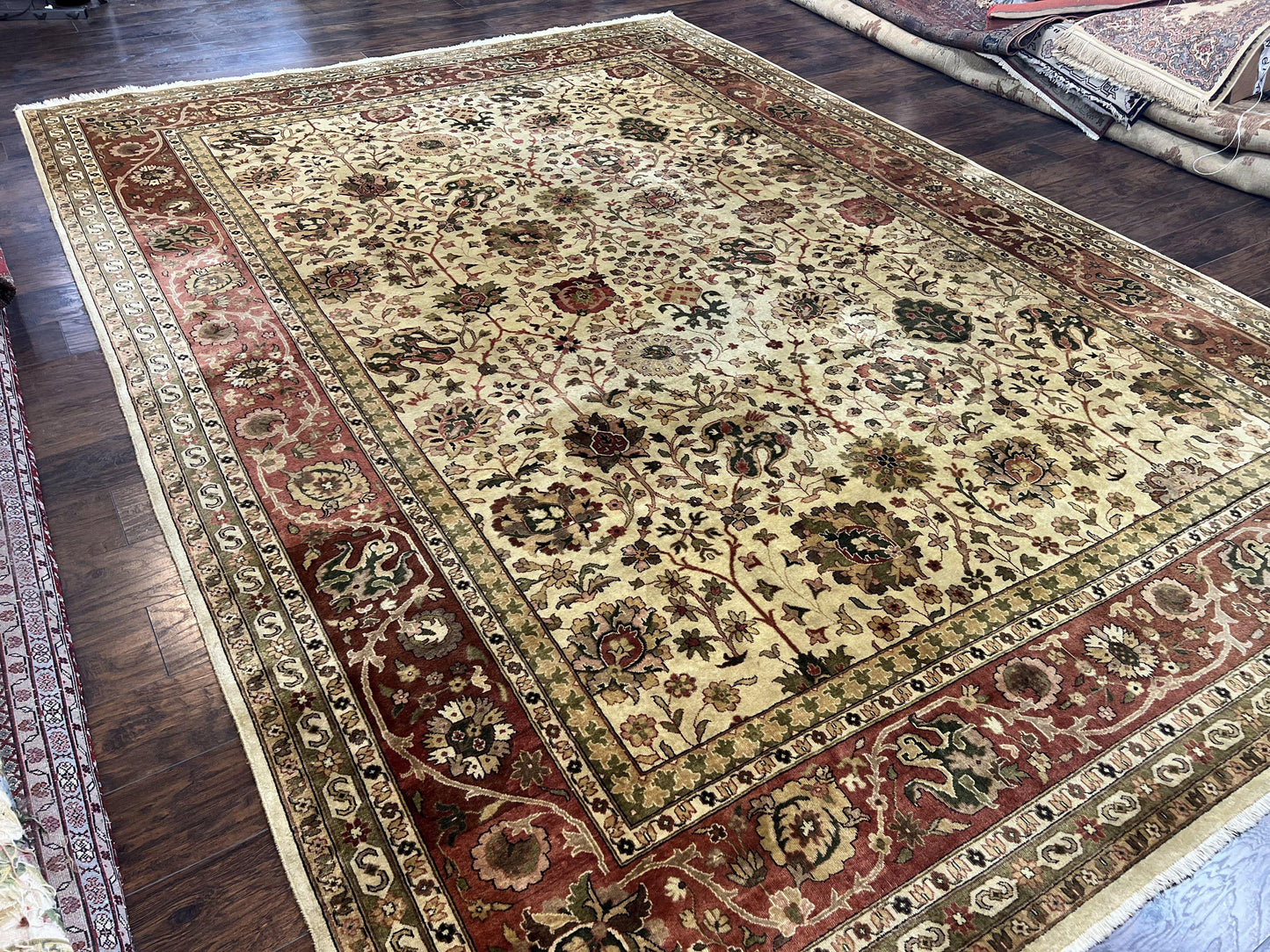 Large Indian Rug 10x14, Hand Knotted Indo Persian Gandehar Oriental Carpet, Vintage Wool Rug 10 x 14 ft Cream Red Floral Allover Traditional - Nuvé