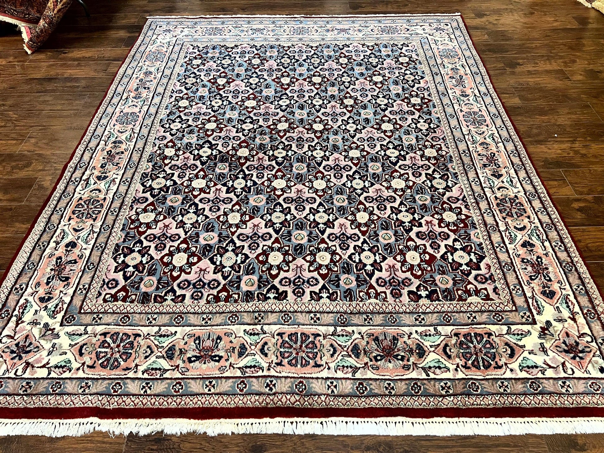 Indo Persian Rug 8x10, Repeated Allover Pattern, Navy Blue Ivory, Handmade Vintage Wool Carpet - Nuvé