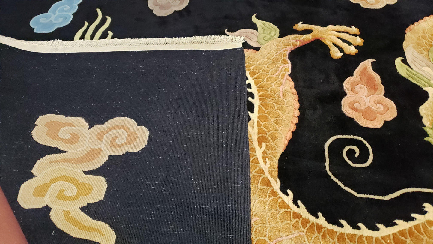 Rare Antique Chinese Art Deco Rug 6x9 with Dragon, Black Chinese Carpet 6 x 9, Hand Knotted Wool Area Rug - Nuvé