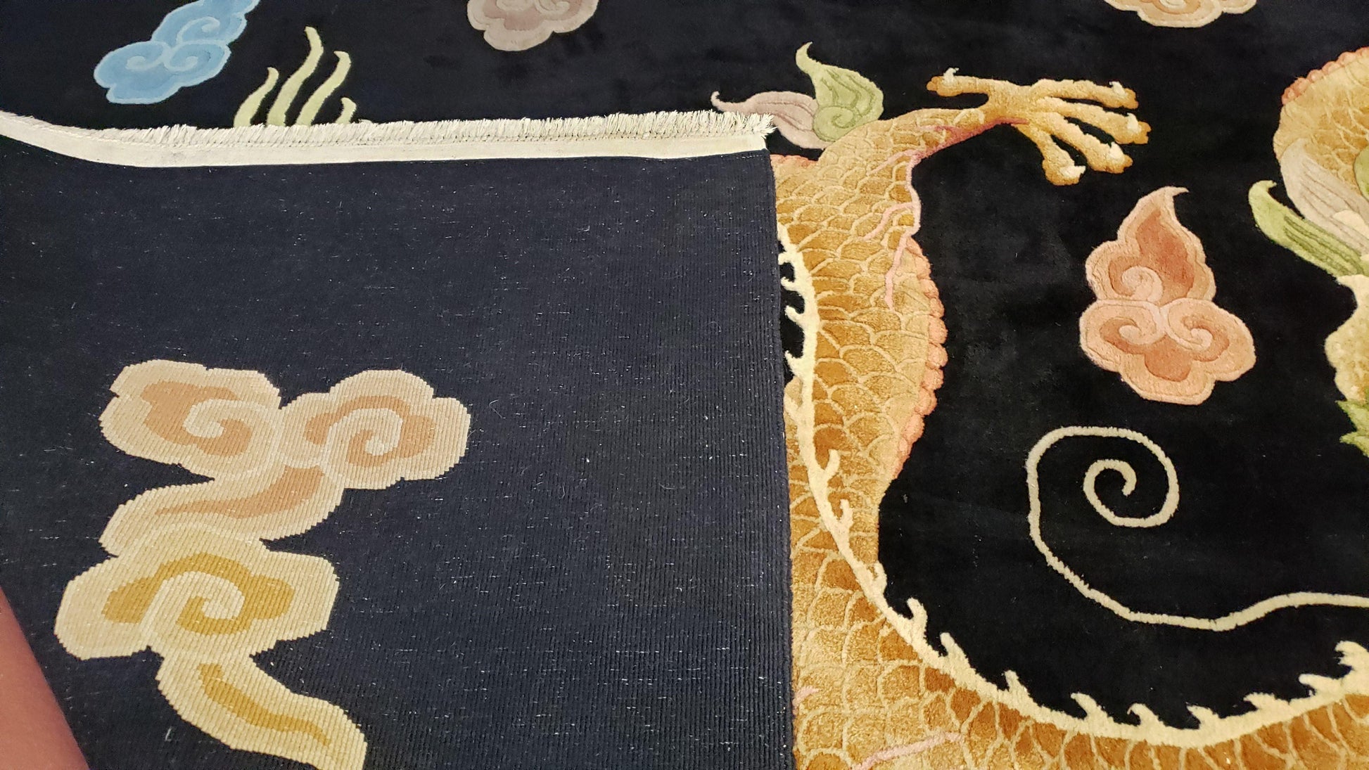 Rare Antique Chinese Art Deco Rug 6x9 with Dragon, Black Chinese Carpet 6 x 9, Hand Knotted Wool Area Rug - Nuvé
