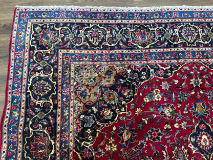 Traditional Persian Rug 8x11, Red Navy Blue, Floral Medallion, Antique Persian Mashad Carpet, Wool - Nuvé