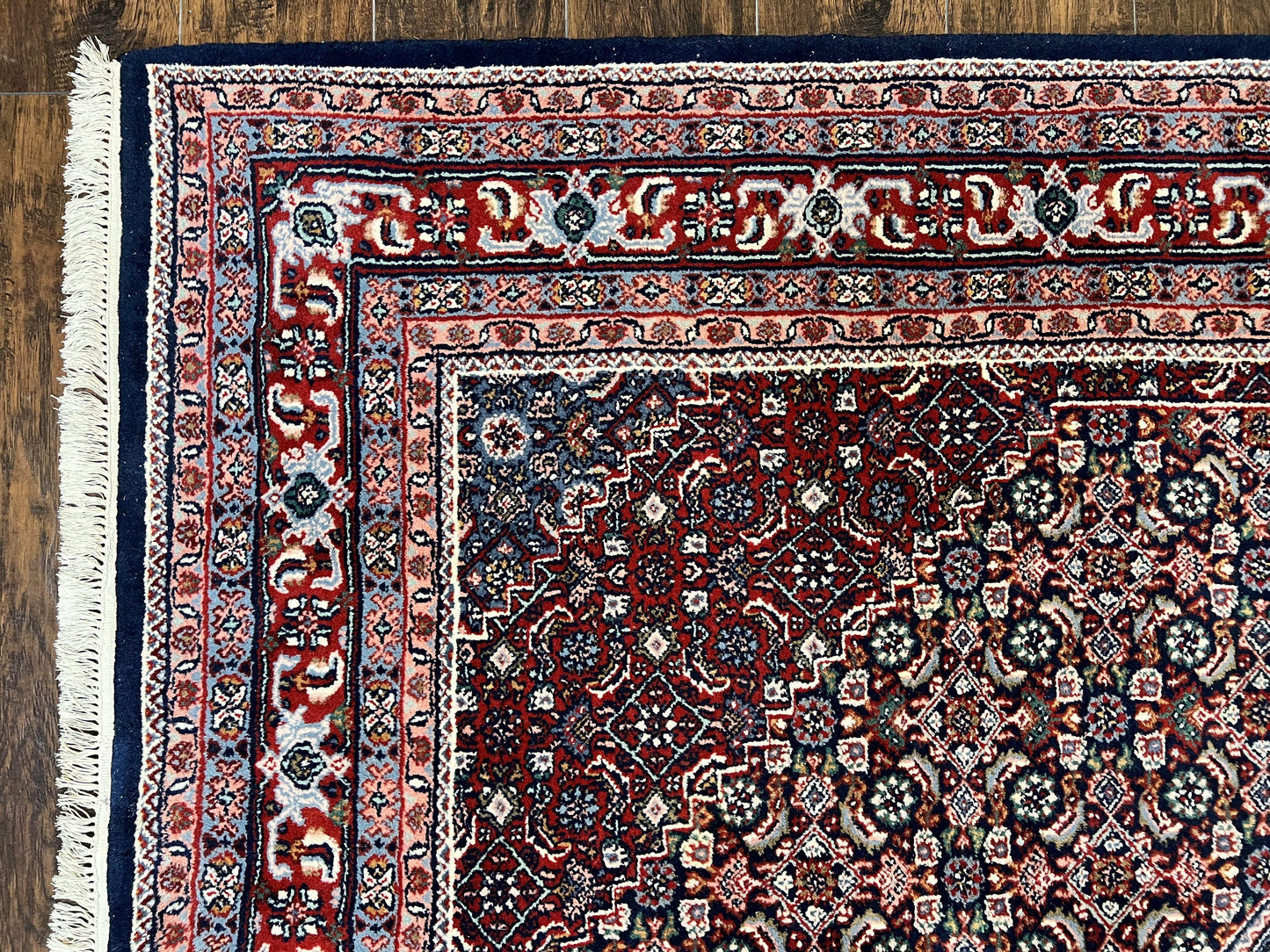 Indo Persian Rug 7x10, Dark Blue and Red Hand Knotted Wool Vintage Oriental Carpet 7 x 10 ft, Handmade Bidjar Rug, Herati Pattern Indian Rug - Nuvé