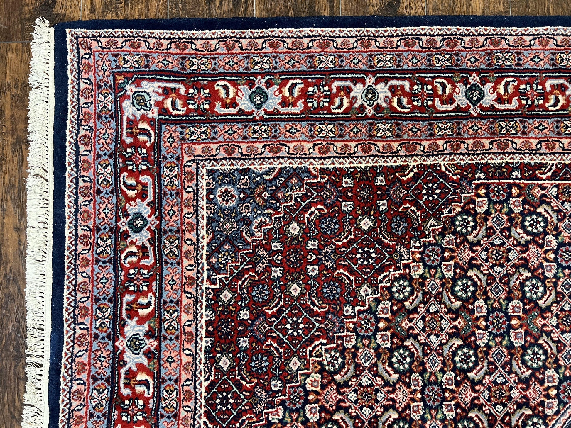 Indo Persian Rug 7x10, Dark Blue and Red Hand Knotted Wool Vintage Oriental Carpet 7 x 10 ft, Handmade Bidjar Rug, Herati Pattern Indian Rug - Nuvé