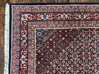 Indo Persian Rug 7x10, Dark Blue and Red Hand Knotted Wool Vintage Oriental Carpet 7 x 10 ft, Handmade Bidjar Rug, Herati Pattern Indian Rug - Nuvé