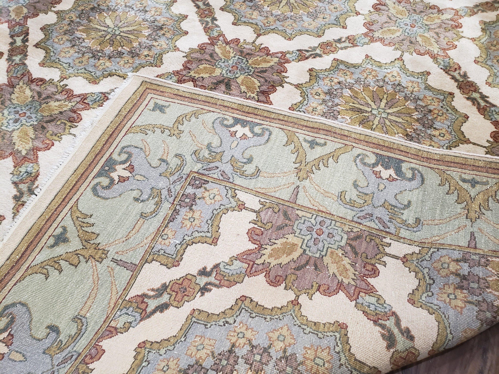 Indo Sultanabad Area Rug 8 x 9.5, Wool Hand-Knotted Ivory Green Teal Decorative Rug, Floral Panel Carpet, Indian Rug, 8 x 10 Bedroom Rug - Nuvé
