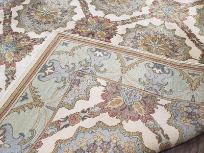Indo Sultanabad Area Rug 8 x 9.5, Wool Hand-Knotted Ivory Green Teal Decorative Rug, Floral Panel Carpet, Indian Rug, 8 x 10 Bedroom Rug - Nuvé