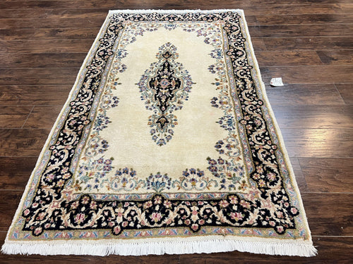 Persian Kirman Rug 4x7, Wool Hand Knotted Antique Carpet, Beige, Semi Open Field Medallion Rug, Traditional Handmade Oriental Rug - Nuvé