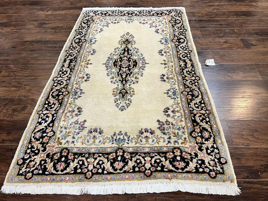 Persian Kirman Rug 4x7, Wool Hand Knotted Antique Carpet, Beige, Semi Open Field Medallion Rug, Traditional Handmade Oriental Rug - Nuvé