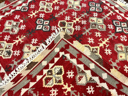 Indian Kilim Rug 6x6, Square Kilim Flatweave Carpet, Vintage Handmade Wool Rug, Red - Nuvé