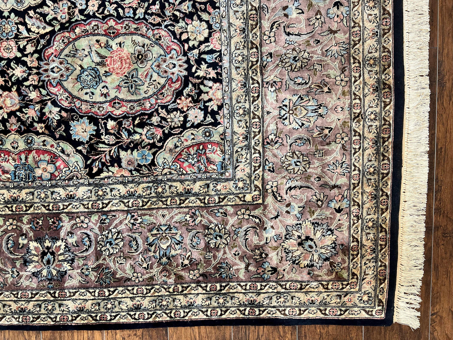 Sino Persian Rug 9x12, Navy Blue and Pink Hand Knotted Wool and Silk Highlights Vintage Oriental Carpet, Handmade Floral Area Rug 9 x 12 ft - Nuvé
