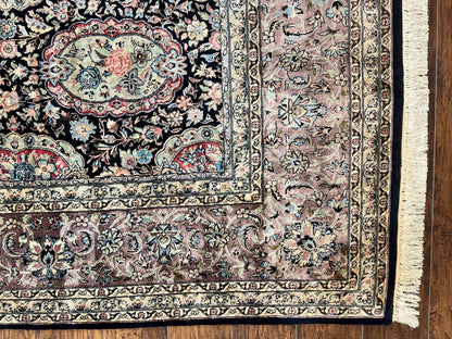 Sino Persian Rug 9x12, Navy Blue and Pink Hand Knotted Wool and Silk Highlights Vintage Oriental Carpet, Handmade Floral Area Rug 9 x 12 ft - Nuvé