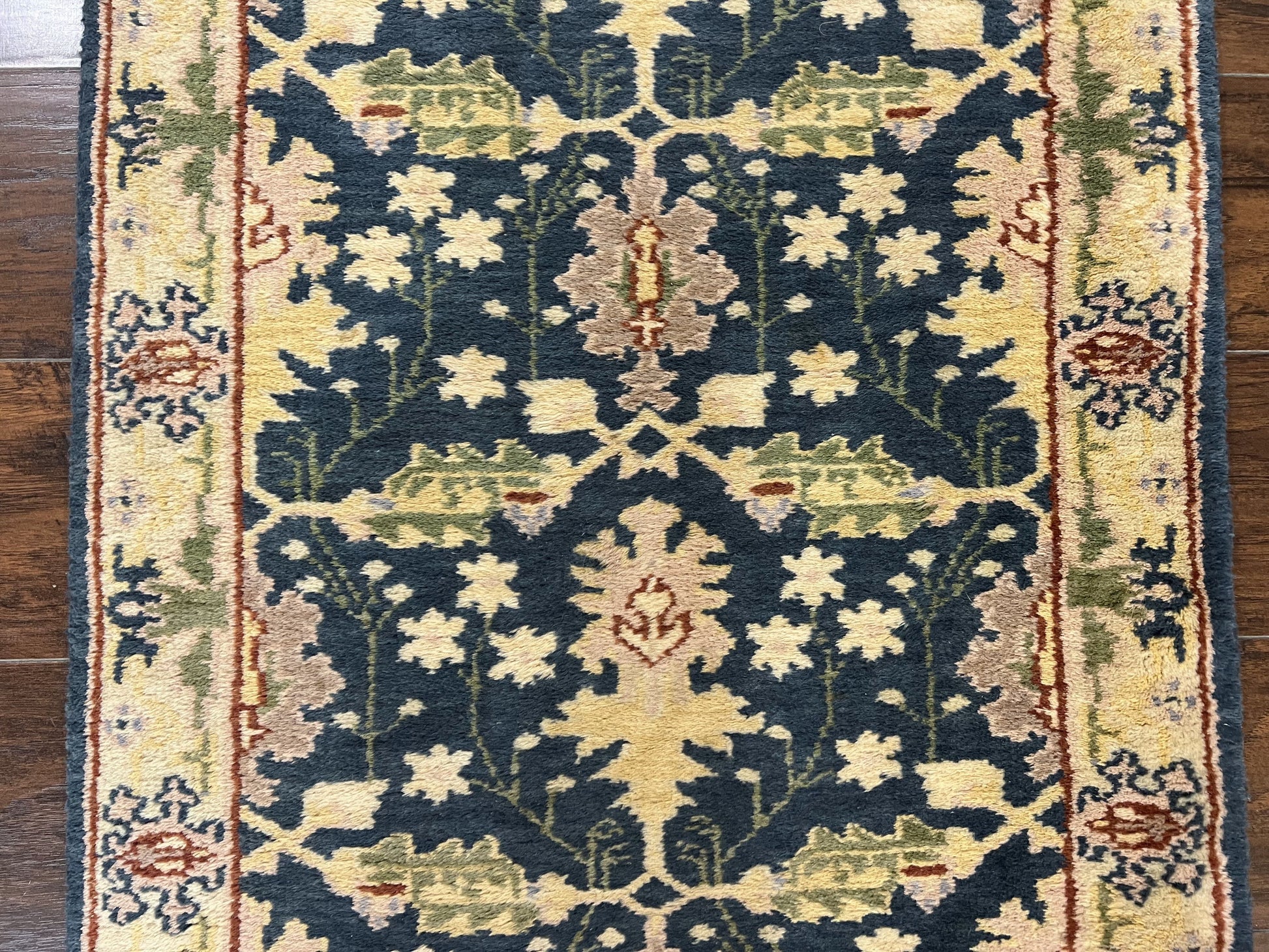 Indian Runner Rug 2.6 x 12, Navy Blue Beige Oriental Runner Rug 12ft Long, Narrow Hallway Runner, Wool Hand Knotted Indo Persian Mahal Rug - Nuvé