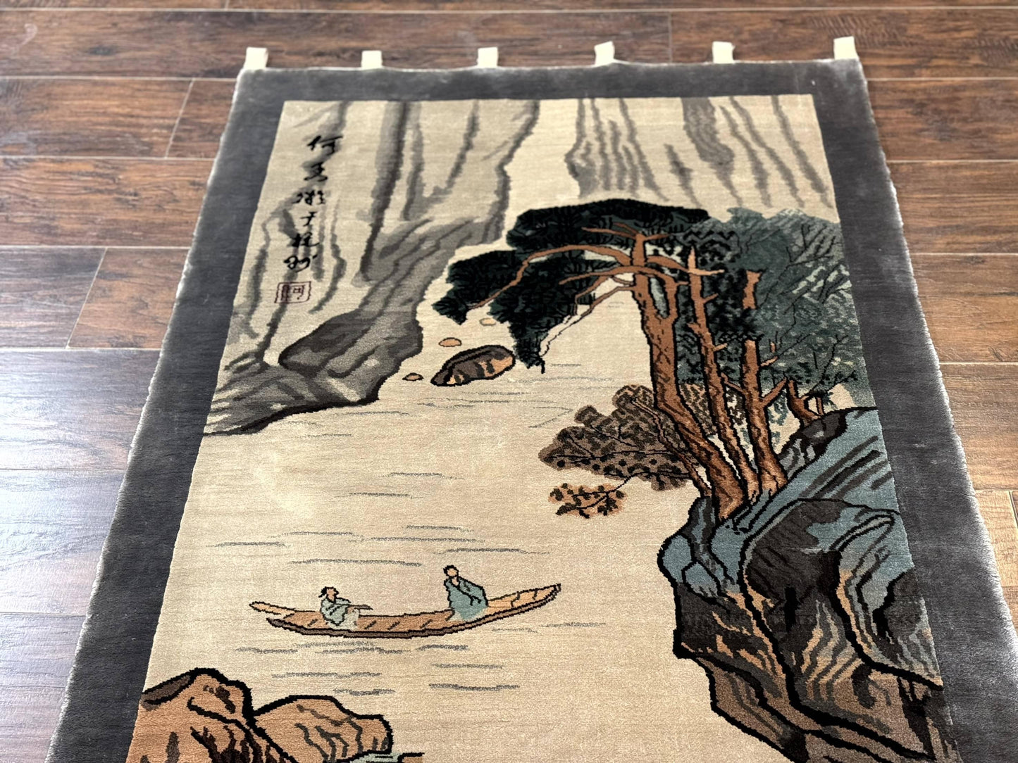 Chinese Silk Wall Hanging 3x5, Handmade, River and Boat Scene, Rug Tapestry - Nuvé