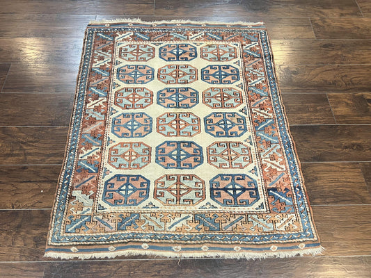 Turkish Kazak Rug 3x4, Wool Hand Knotted Handmade Vintage Carpet, Geometric Tribal Repeated Motif, Small 3 x 4 Antique Rug, Cream Red - Nuvé