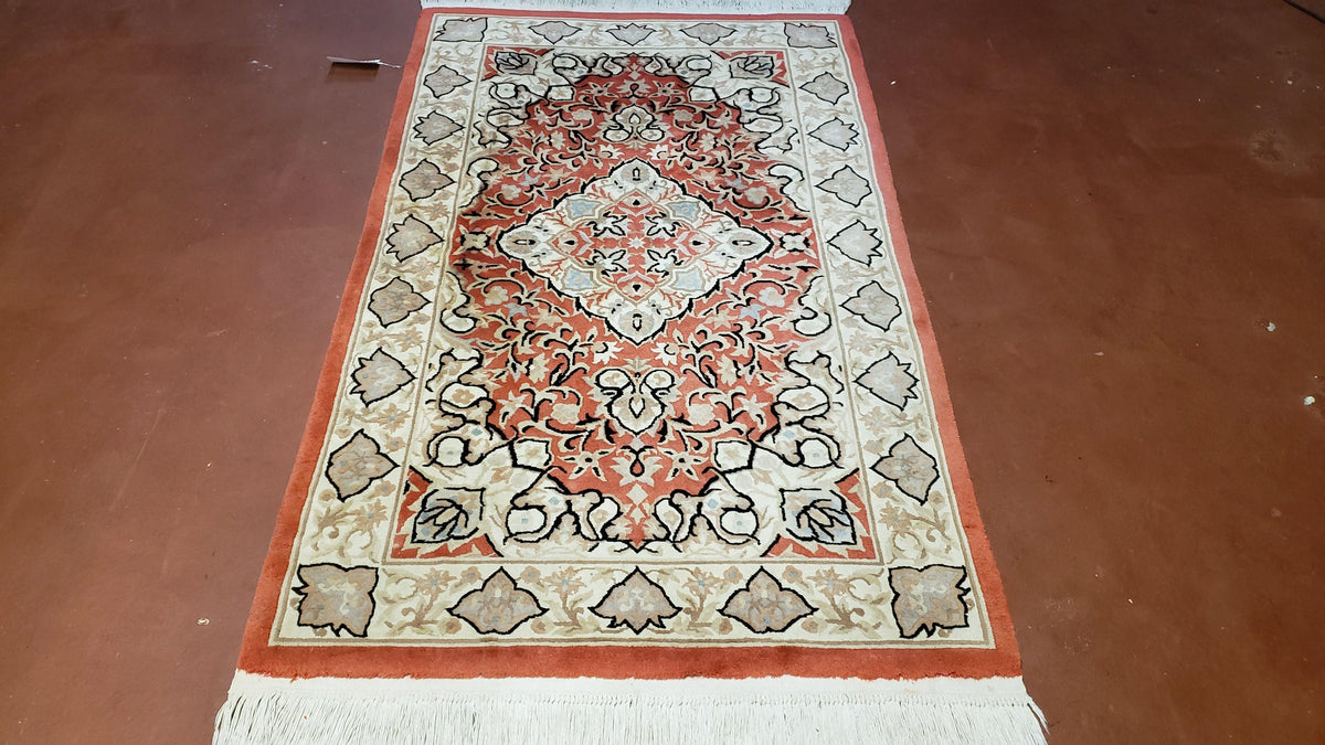 3x5 Red Chinese Plush Rug, Hand Knotted Soft Wool Carpet, Medallion Rug, Fine Vintage Rug, 120 Line, Small Area Rug