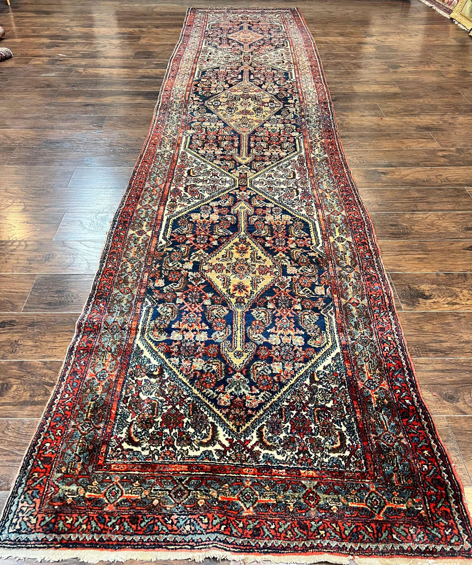 Antique Persian Runner Rug 3.7 x 15.8, Navy Blue Multicolor, Hand Knotted Handmade Wool Rug for Hallway, Geometric Medallions, Persian Hamadan Rug - Nuvé