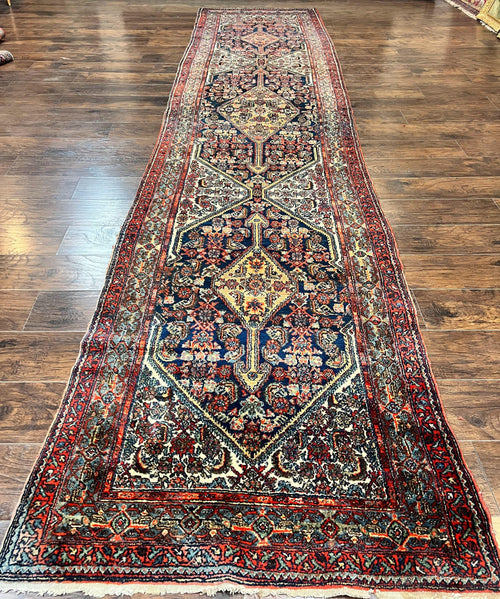 Antique Persian Runner Rug 3.7 x 15.8, Navy Blue Multicolor, Hand Knotted Handmade Wool Rug for Hallway, Geometric Medallions, Persian Hamadan Rug - Nuvé