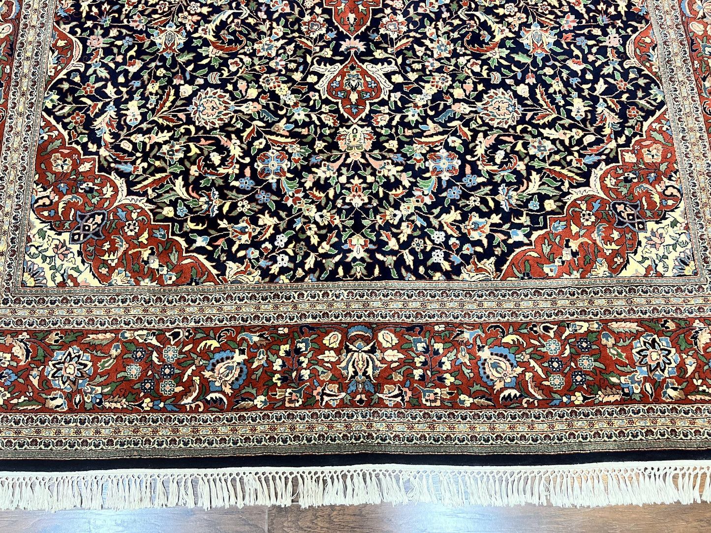 Indo Persian Rug 8x10, Floral Medallion, Vintage Handmade Wool Carpet, Navy Blue and Red, Fine 300 KPSI - Nuvé