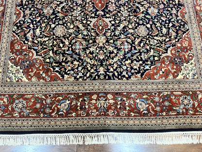 Indo Persian Rug 8x10, Floral Medallion, Vintage Handmade Wool Carpet, Navy Blue and Red, Fine 300 KPSI - Nuvé