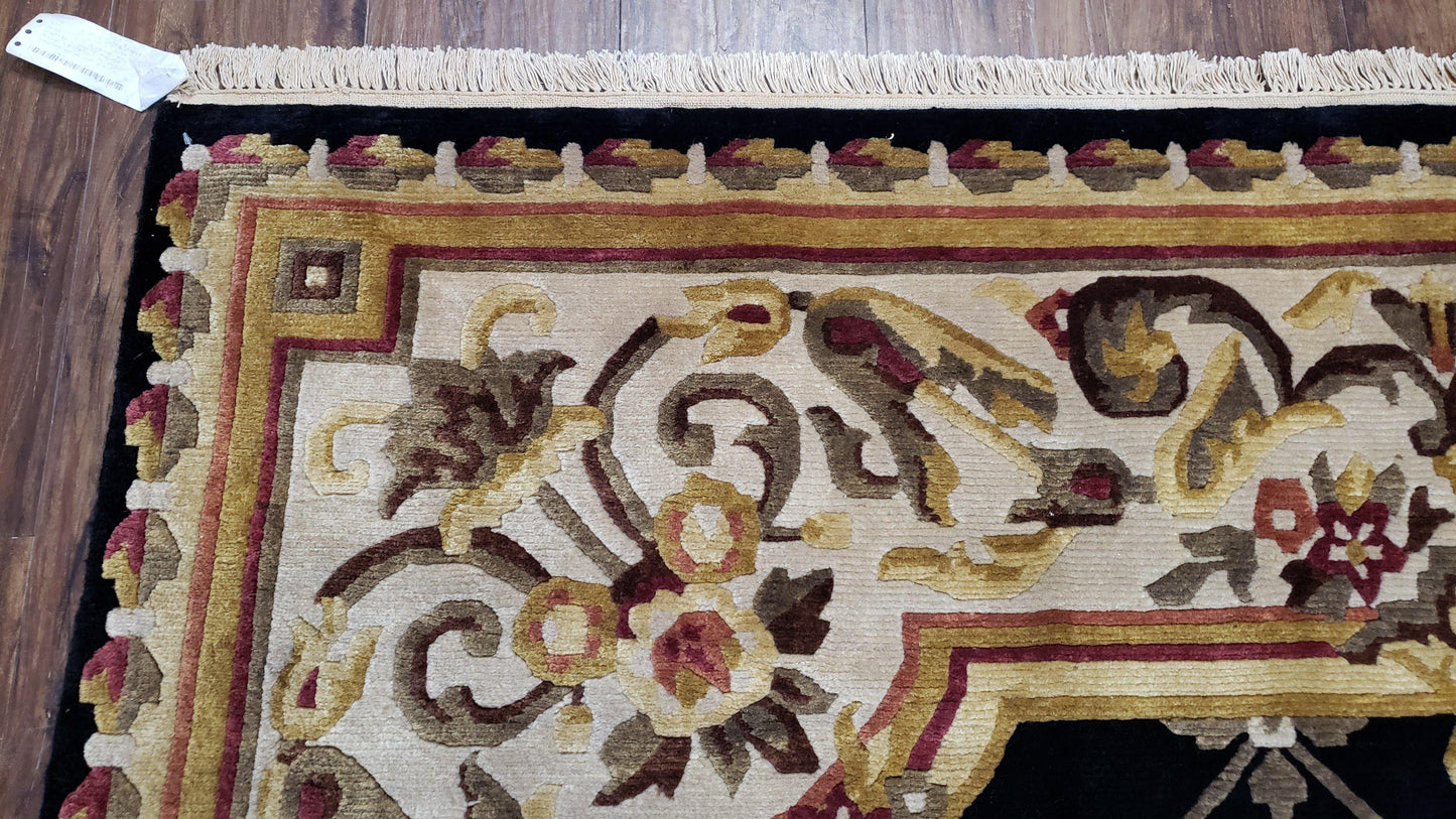 Nepal Rug 6x9, New Aubusson Nepalese Tibetan Carpet 6'1" x 8' 8", Hand-Knotted Wool, Unused, Black & Cream, Savonnerie Pattern, Soft Pile - Nuvé