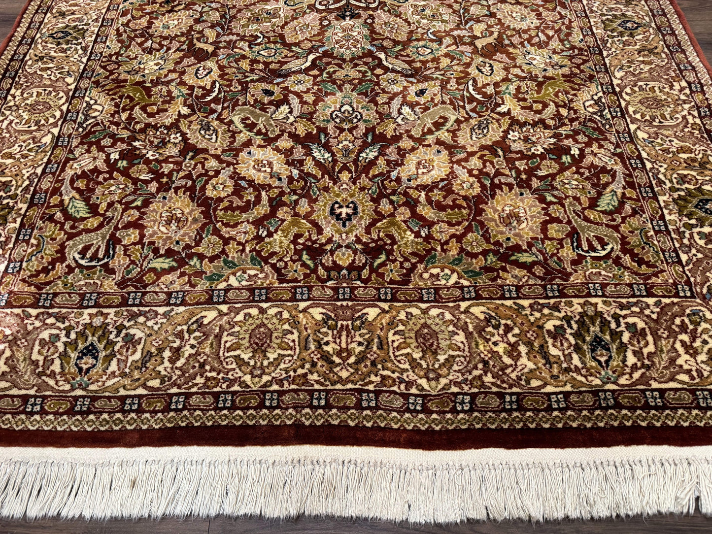 Tree of Life Indian Kashmiri Rug 6x9, Rust Red and Cream, Animal Pictorials, Fine 290 KPSI - Nuvé
