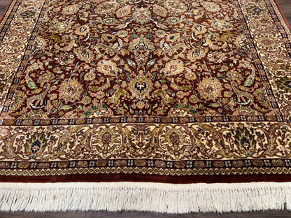 Tree of Life Indian Kashmiri Rug 6x9, Rust Red and Cream, Animal Pictorials, Fine 290 KPSI - Nuvé