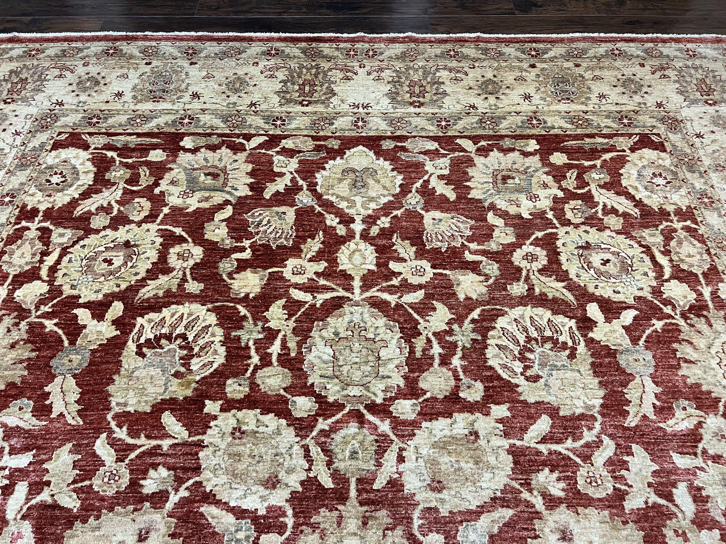 Pak Persian Rug 10x14, Sultanabad Mahal Peshawar Chobi Carpet, Large Vintage Wool Oriental Rug, Maroon & Beige, Floral Allover, Handmade - Nuvé