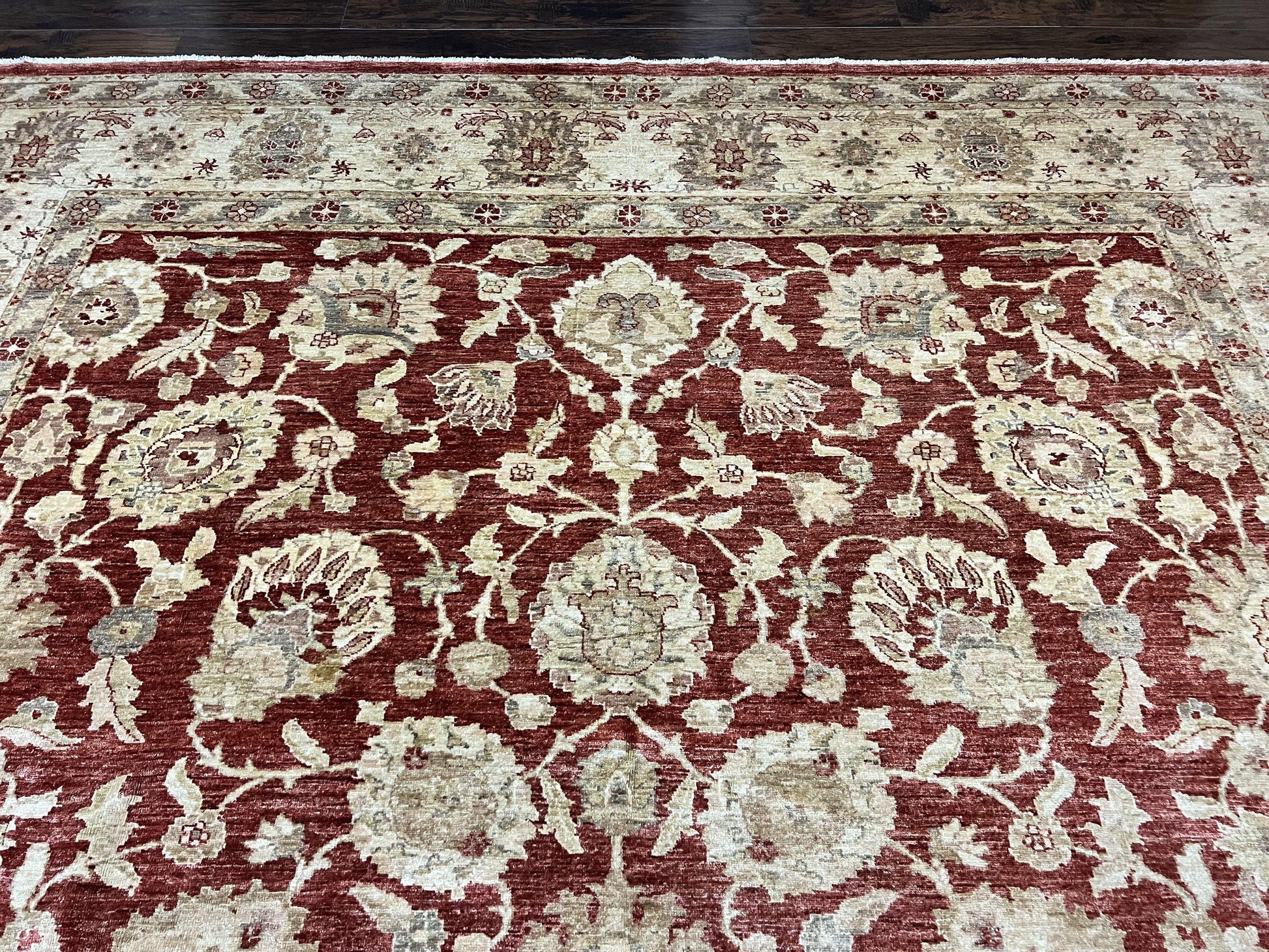 Pak Persian Rug 10x14, Sultanabad Mahal Peshawar Chobi Carpet, Large Vintage Wool Oriental Rug, Maroon & Beige, Floral Allover, Handmade - Nuvé