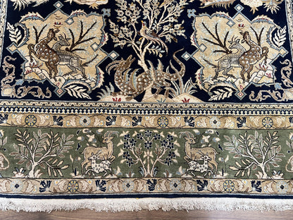 Wonderful Persian Qum Rug 6x9, Animal Pictorials, Tree of Life, Deer Birds, Hand Knotted Oriental Ghom Carpet, Semi Antique Vintage, Navy Blue Green - Nuvé