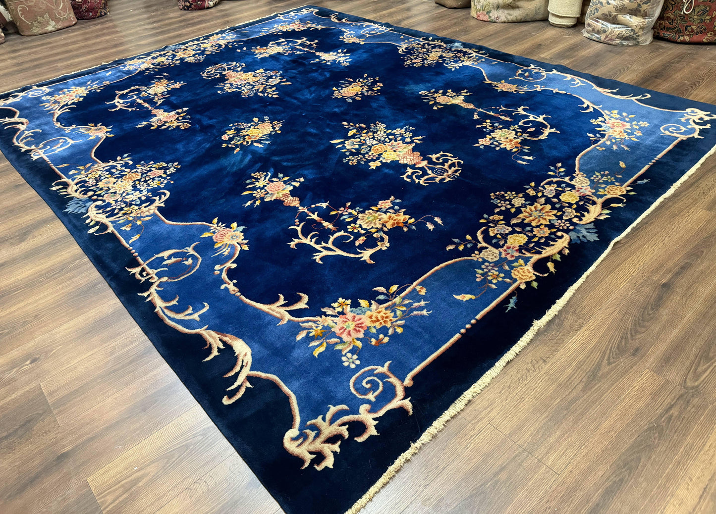 Blue Chinese Art Deco Rug 9x12, Vintage Antique Chinese Wool Rug, Chinese Fette Rug - Nuvé