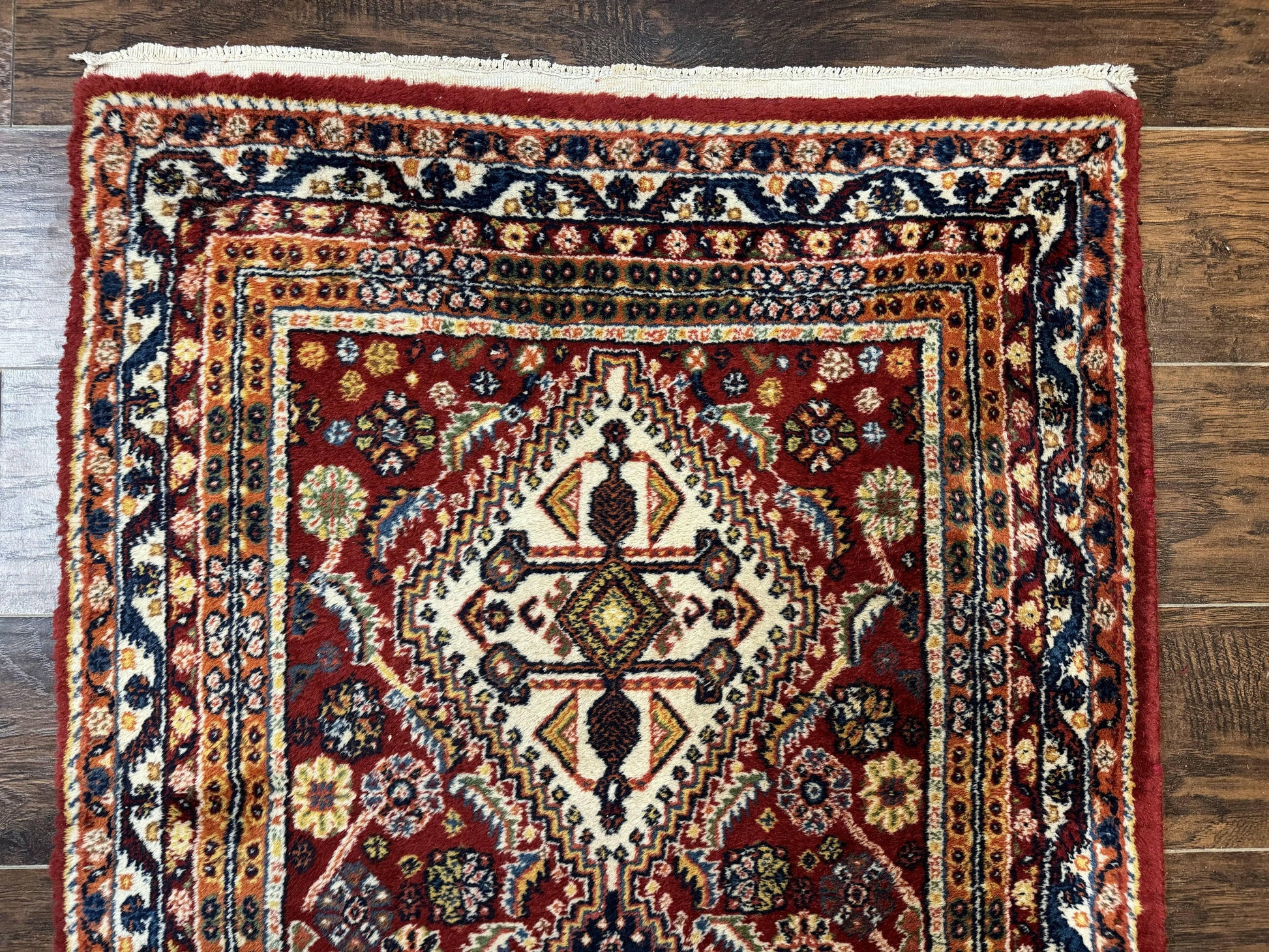 Antique Persian Qashqai Runner Rug 3 x 13 ft, Tribal Runner, Geometric Medallions, Red Ivory Blue, Wool - Nuvé