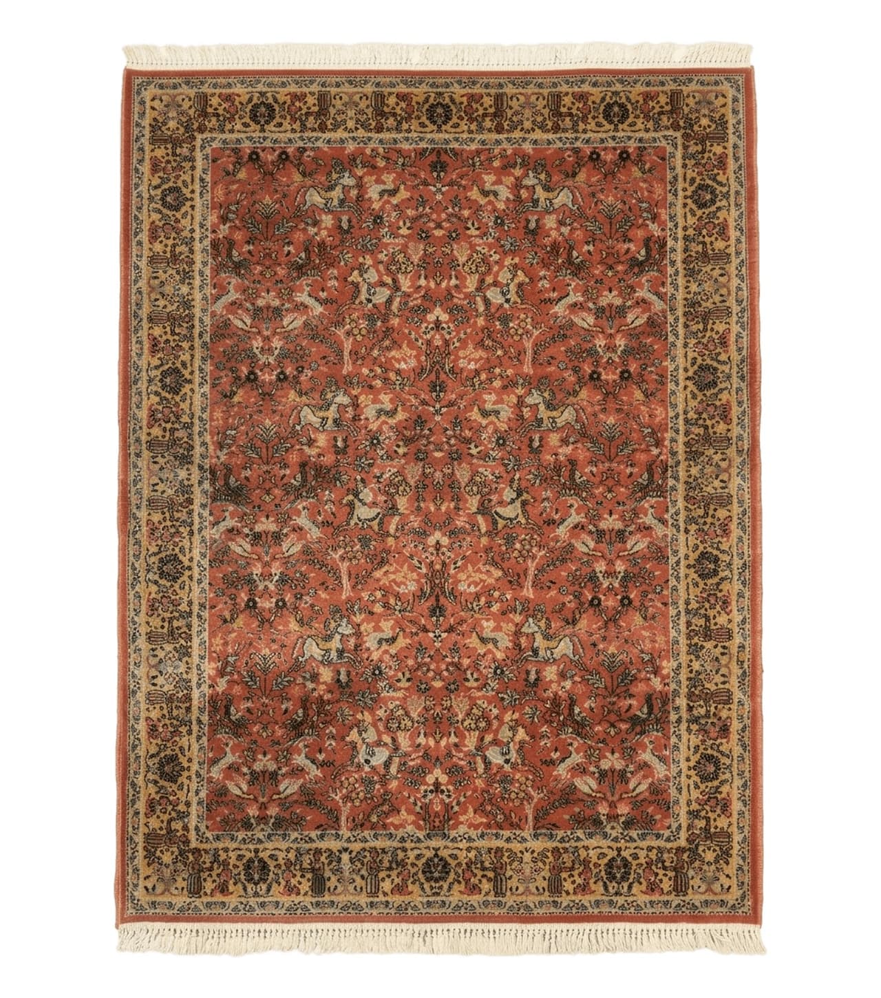 Persian Hunting Design Rug 4.7 x 6.5, Hunting Scene, Red-Orange, Wool, Belgian Power Loomed Carpet