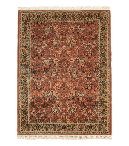 Persian Hunting Design Rug 4.7 x 6.5, Hunting Scene, Red-Orange, Wool, Belgian Power Loomed Carpet