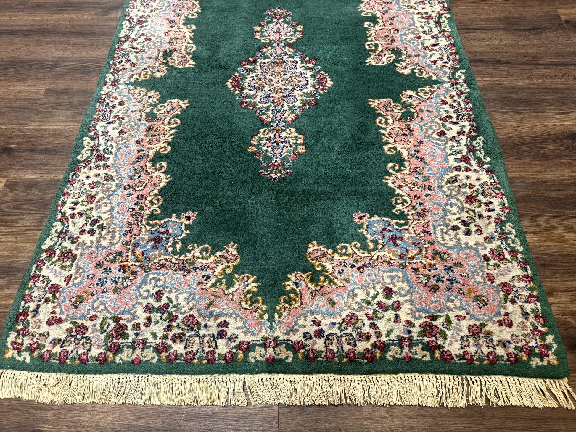 Persian Kerman Rug 4x6, Green Ivory Pink, Wool Vintage, Semi Open Field - Nuvé