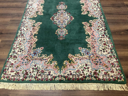 Persian Kerman Rug 4x6, Green Ivory Pink, Wool Vintage, Semi Open Field - Nuvé
