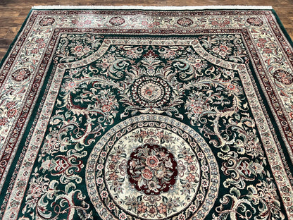 Pak Persian Rug 9x12, Dark Green and Cream, Floral Medallion, Elegant Handmade Wool Carpet 9 x 12 - Nuvé