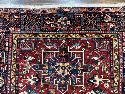 Persian Karajeh Rug 5x6, Antique Heriz Carpet, Geometric, Persian Tribal Rug, Brick Red Navy Blue - Nuvé
