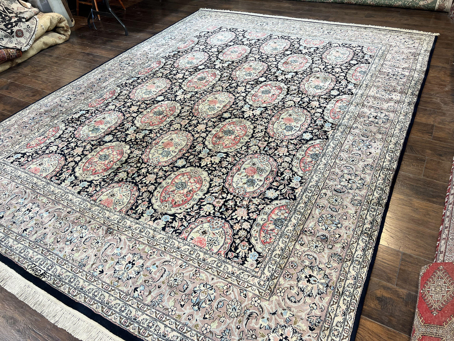 Sino Persian Rug 9x12, Navy Blue and Pink Hand Knotted Wool and Silk Highlights Vintage Oriental Carpet, Handmade Floral Area Rug 9 x 12 ft - Nuvé