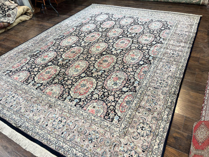 Sino Persian Rug 9x12, Navy Blue and Pink Hand Knotted Wool and Silk Highlights Vintage Oriental Carpet, Handmade Floral Area Rug 9 x 12 ft - Nuvé