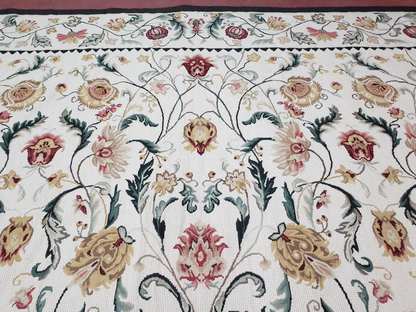 New Needlepoint Rug 9x12, Hand Woven Wool Area Rug, Flatweave Carpet, Handmade Chinese Needlepoint, Floral European Design, Ivory Background - Nuvé