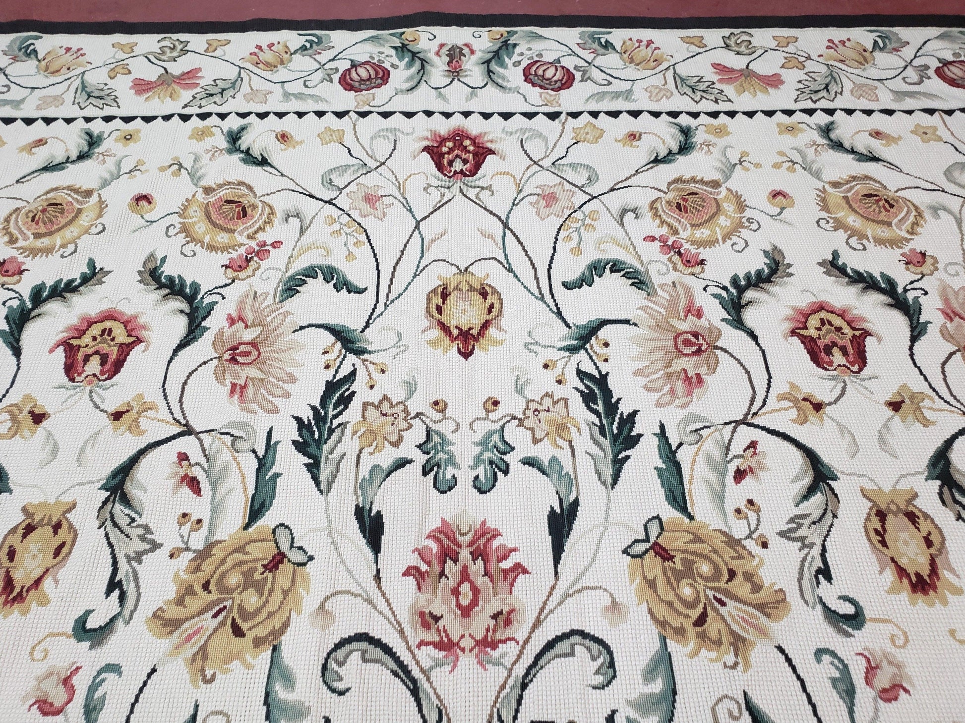 New Needlepoint Rug 9x12, Hand Woven Wool Area Rug, Flatweave Carpet, Handmade Chinese Needlepoint, Floral European Design, Ivory Background - Nuvé