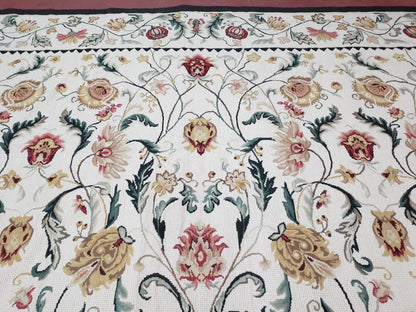 New Needlepoint Rug 9x12, Hand Woven Wool Area Rug, Flatweave Carpet, Handmade Chinese Needlepoint, Floral European Design, Ivory Background - Nuvé