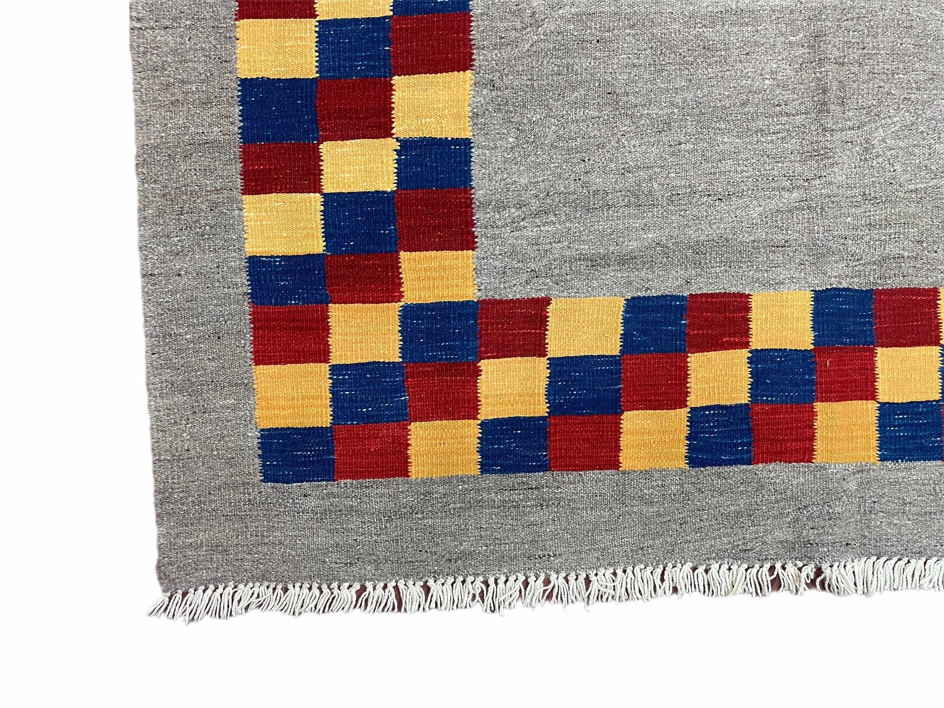 Gray Kilim Carpet, Yellow, Red, Blue Checkerboard Pattern, Flatweave, New, Geometric, Hand-Knotted, Wool, Turkish Area Rug, 5' 9" x 7' 9" - Nuvé