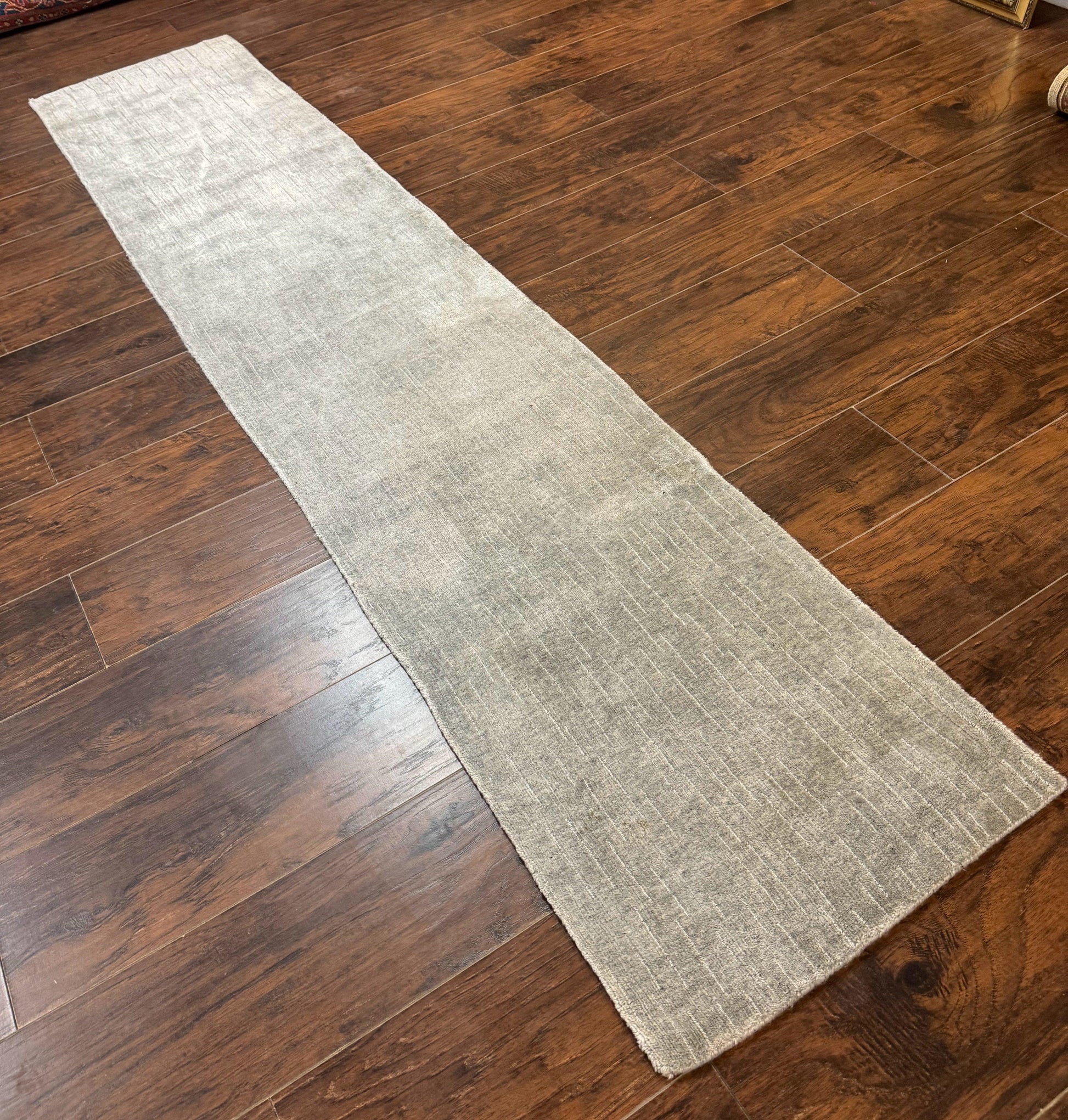 Modern Tibetan Runner Rug 1.9 x 8.6, Wool and Silk Highlights, Gray/Silver, Narrow Runner for Hallway or Kitchen - Nuvé