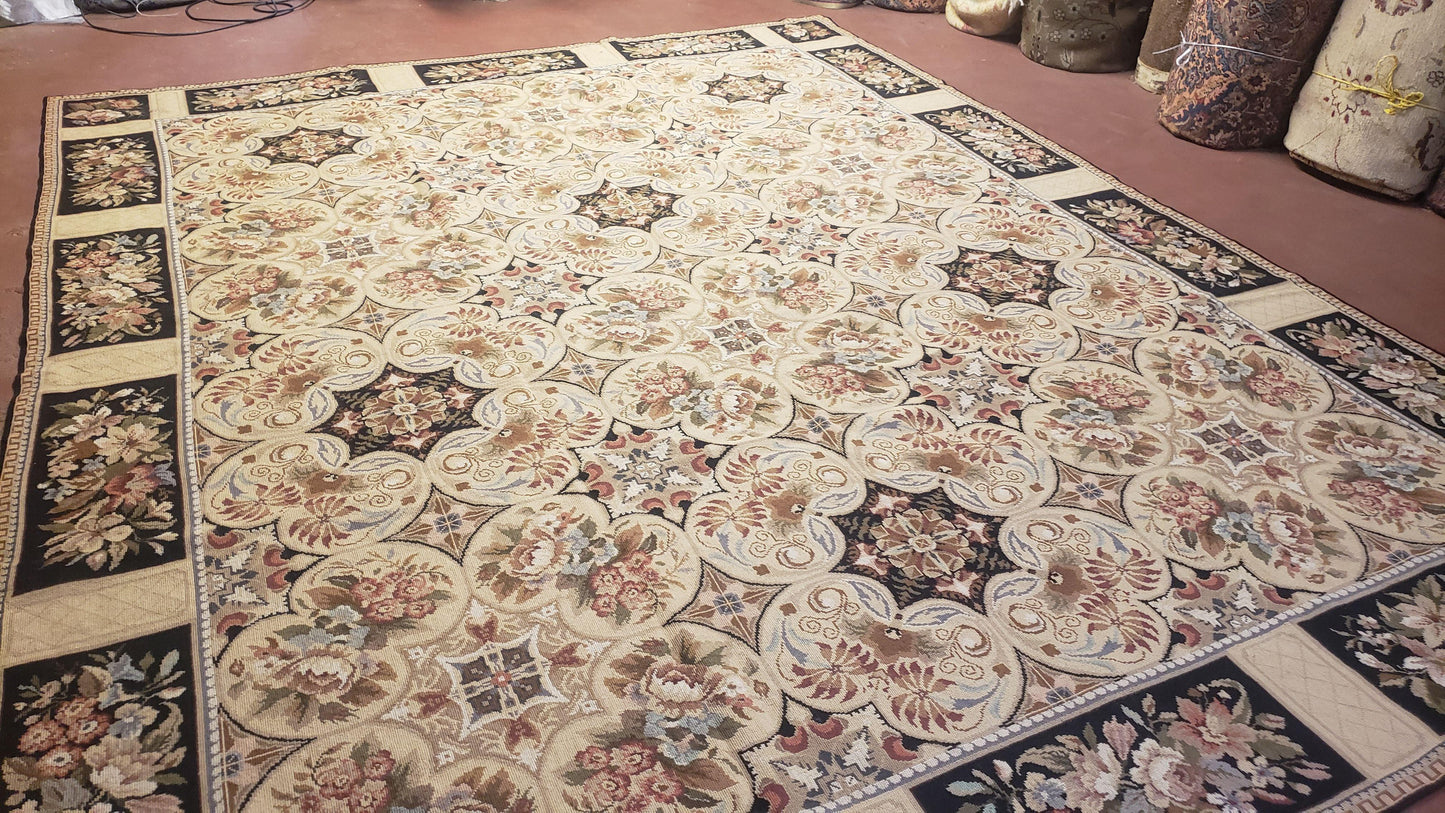 Needlepoint Rug 8x10ft Allover European Design Flowers 100% Wool Hand Knotted Aubusson Area Rug Brand New Flatweave Needle Point Carpet Chic - Nuvé