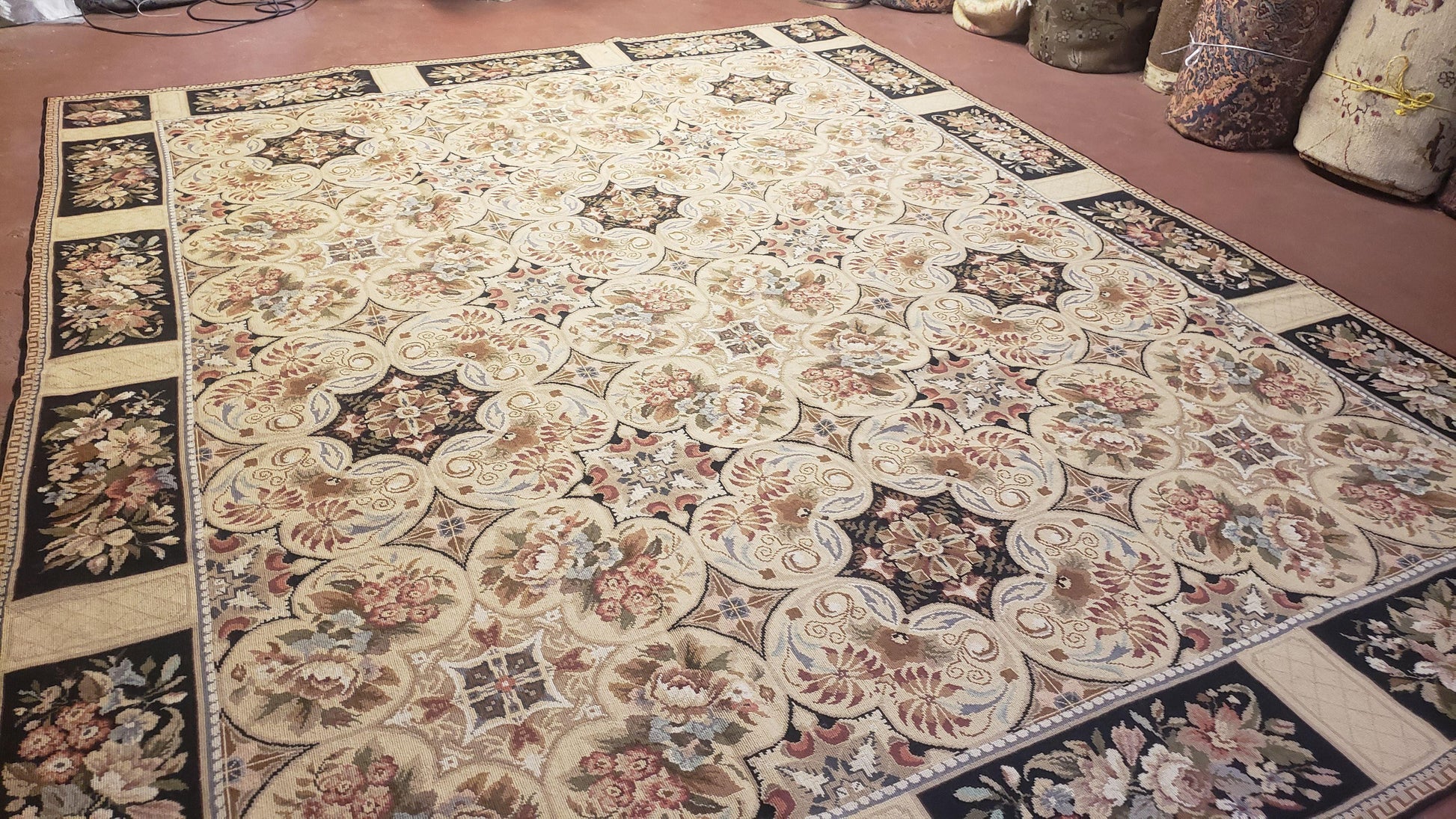 Needlepoint Rug 8x10ft Allover European Design Flowers 100% Wool Hand Knotted Aubusson Area Rug Brand New Flatweave Needle Point Carpet Chic - Nuvé