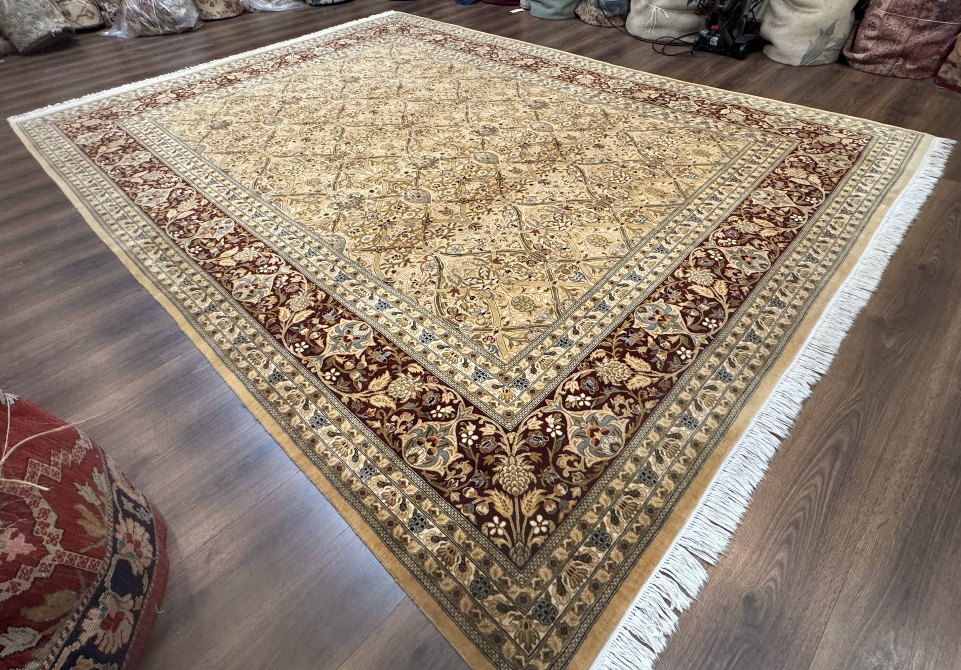 Fine Pak Persian Rug 9x12, Gold and Wine Red, Panel Design, 330 KPSI - Nuvé