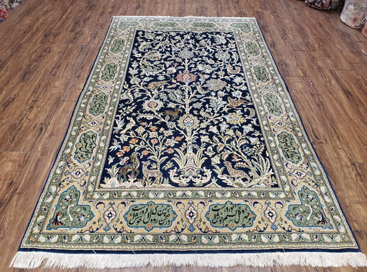 Semi Antique Persian Qum Tree of Life Rug, Hand-Knotted, Wool, Midnight Blue and Tan, Animal Pictorials, Written Poem in Borders, 4' 8" x 7' 8" - Nuvé